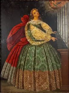 Large Antique Style Mexican Colonial Portrait of a Lady Oil on Canvas Painting