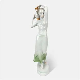 Herend Porcelain Statue Art Deco Figurine Nude Woman w/Water Jug