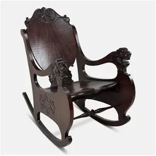 Antique 19thC English Carved Wood Flame Mahogany Lion Head Open Arm Rocking Chair