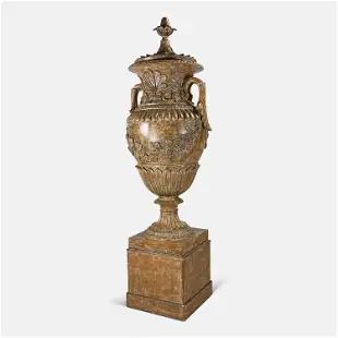Contemporary Greek-Roman Style Patinated Resin/Plaster Garden Urn with Tall Plinth Square Base