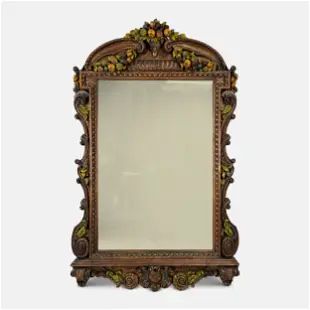 Large 58" Antique Italian Carved Wood, Gesso and Paint Decorated Wall Mirror