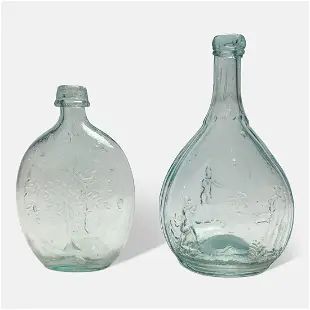 Two Antique American 19thC Aquamarine Glass Flasks. Summer/Winter Tree & Hunter/Fisherman