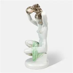 Herend Porcelain Statue Art Deco Nude Woman Figurine Girl Brushing Hair