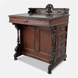 Antique 19thC American Victorian Carved Wood Lift-Top Davenport Desk