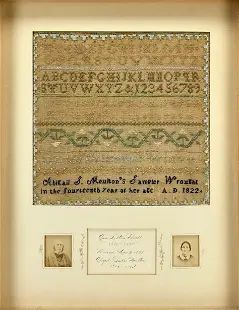 Exceptional Antique Needlepoint Sampler by Abigail Moulton 1822 in Memorial Frame w/CDV Photographs