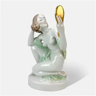 Herend Porcelain Statue Art Deco Figurine Nude Woman Looking in Mirror