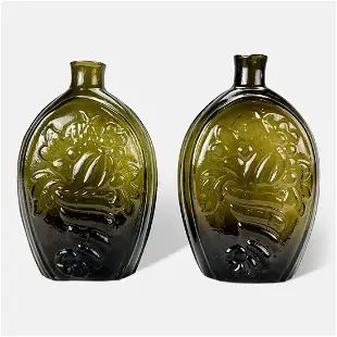 Two Antique 19thC American Green Glass Cornucopia Urn Flask Bottles