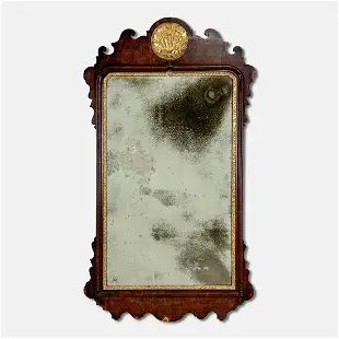 Antique American Chippendale 18thC Carved Giltwood Looking Glass Mirror w/Gold Shell