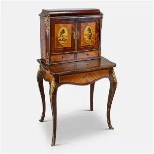 French Style Marquetry Inlaid Wood Bonheur Du Jour Writing Desk Cabinet w/Ormolu