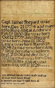 Antique 19thC American Needlepoint Sampler Family of Captain James Shepard