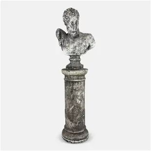 Vintage 1960s Classical Roman Style Portrait Bust on Tall Column Plinth Base Gypsum Plaster Statue