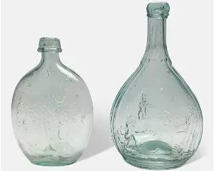 Two Antique American 19thC Aquamarine Glass Flasks. Summer/Winter Tree & Hunter/Fisherman