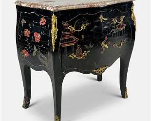 1950s Black Lacquer and Marble Asian Motif Bombe Chest w/Ormolu Hardware
