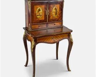 French Style Marquetry Inlaid Wood Bonheur Du Jour Writing Desk Cabinet w/Ormolu