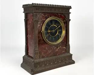 Antique 19thC French Cast Iron and Grain Painted Faux Marble Mantel Clock