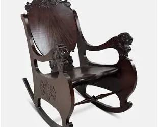 Antique 19thC English Carved Wood Flame Mahogany Lion Head Open Arm Rocking Chair