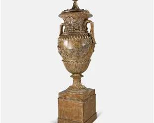 Contemporary Greek-Roman Style Patinated Resin/Plaster Garden Urn with Tall Plinth Square Base