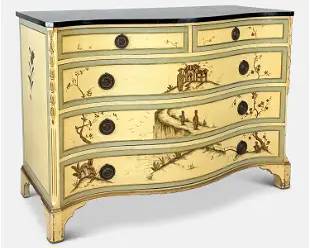 Vintage 1930s Widdicomb Cream and Green Serpentine Chinoiserie Chest of Drawers