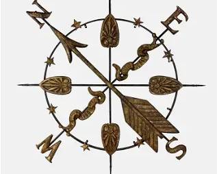 Large 51" Antique Style Gilt Painted Tin and Iron Wall Compass Sculpture w/Directionals