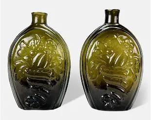 Two Antique 19thC American Green Glass Cornucopia Urn Flask Bottles