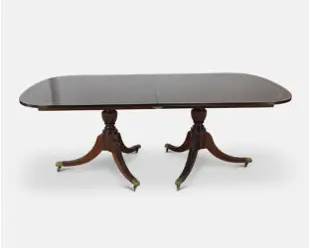 Mid-20thC Mahogany Double Pedestal Sheraton-Style Extension Dining Table w/Leaves
