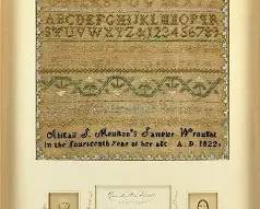 Exceptional Antique Needlepoint Sampler by Abigail Moulton 1822 in Memorial Frame w/CDV Photographs