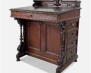 Antique 19thC American Victorian Carved Wood Lift-Top Davenport Desk
