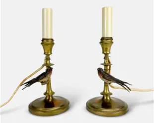 Pair Antique Brass Candlestick Lamps w/Cold Painted Bronze Swallow Birds