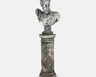 Vintage 1960s Classical Roman Style Portrait Bust on Tall Column Plinth Base Gypsum Plaster Statue