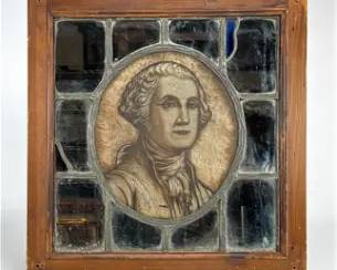 Antique American Painted Stained Leaded Glass Window George Washington Portrait