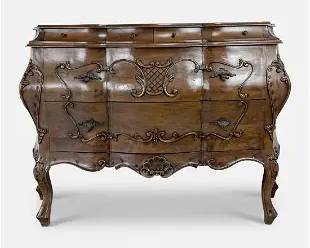 Large Mid 20thC Italian Carved Walnut 4-Drawer Bombe Chest w/Lined Drawers