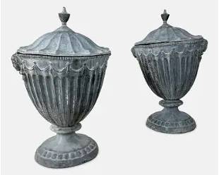 Pair Antique 19thC English Molded Lead Garden Lidded Urns