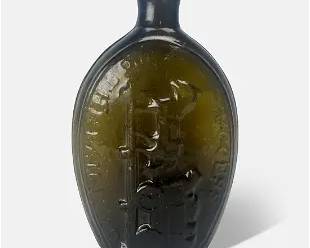 Antique 19thC Green Glass Lancaster Glass Works Success to the Railroad Historical American Flask