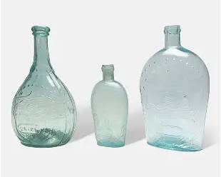 Three Antique 19thC Aquamarine Glass Union Eagle Historical American Flasks