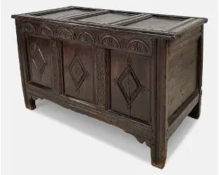 Antique 17thC English Charles II Carved Oak Paneled Coffer / Blanket Chest / Trunk