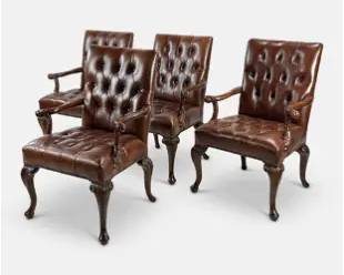 Theodore Alexander Set of Four Tufted Leather Mahogany Wood Library Armchairs