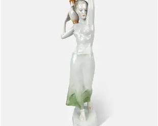 Herend Porcelain Statue Art Deco Figurine Nude Woman w/Water Jug