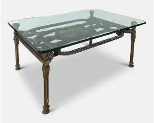 Massive Antique 19thC Painted Iron and Glass Coffee Table w/Heraldic Shield Rope Design