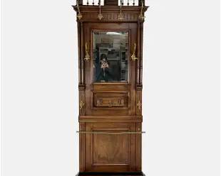 Antique 19thC American Victorian Carved Walnut Wood, Brass and Iron Hall Coat Stand w/Mirror