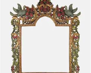 Huge 8' Polychrome Paint Decorated Carved Wood Mirror/Headboard Frame w/Dove Birds-Scrolling Roses