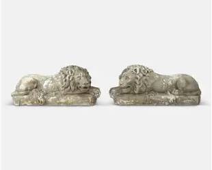 Pair 1960s Recumbent Lion Gypsum Plaster Outdoor Garden Statues
