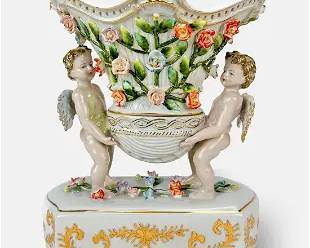 Antique German Porcelain Group Putti Cherubs Holding Aloft Container w/Flowers