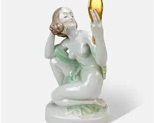 Herend Porcelain Statue Art Deco Figurine Nude Woman Looking in Mirror