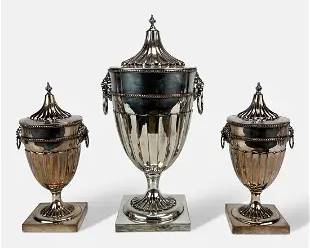 Antique English John Parsons Sheffield Silver Plate Classical Fluted Urns w/Lion Handles