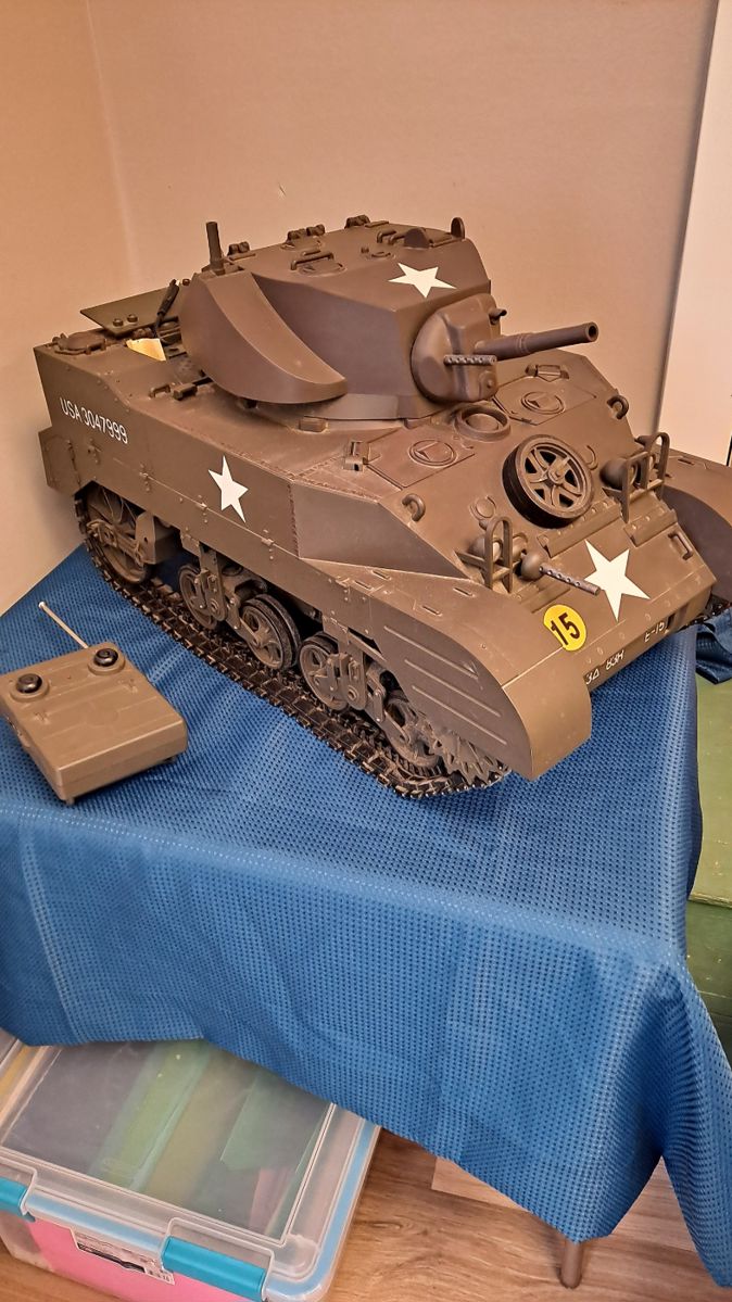 Large Remote-Controlled Sherman Tank - 29" Long x 15" Wide x 18" Tall; Runs on a 12 Volt Battery with a Remote Control - WORKS GREAT - HAS NEW BATTERY!!! 