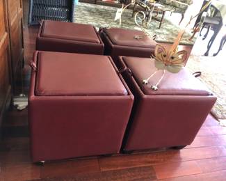 2 Red Leather Storage Ottomans