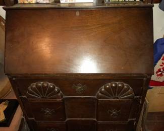 Antique Wooden Secretary Desk W/ Curio Cabinet Above