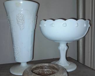Milk Glass Vase & Bowl;