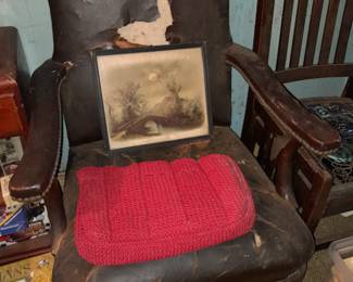 Antique Wood & Leather Arm Chair