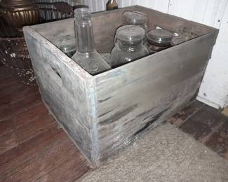 Antique Wooden Crate W/ Glass Jars